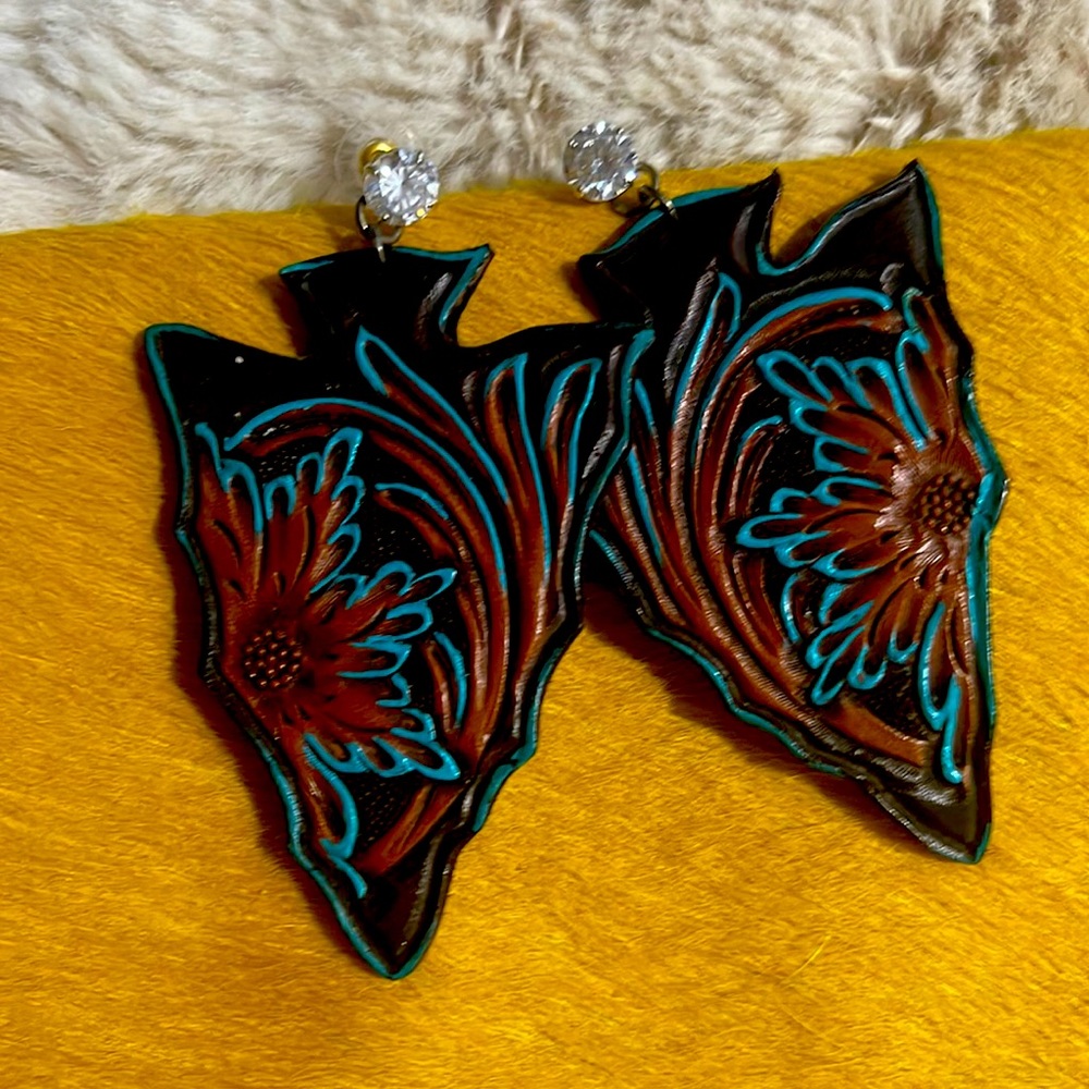 Hand Tooled Arrowhead leather earrings cubic zirconia sterling’s silver studs